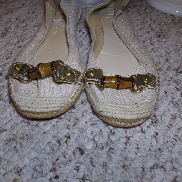 Etienne Aigner Unice Bamboo Accent Sparkly Gold Linen Espadrille Ballet Flats - Picture 7 of 9